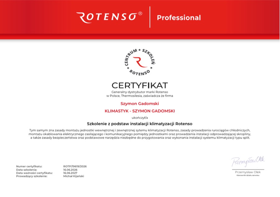 Certyfikat Rotenso Professional z podstaw instalacji klimatyzacji dla Szymona Gadomskiego
