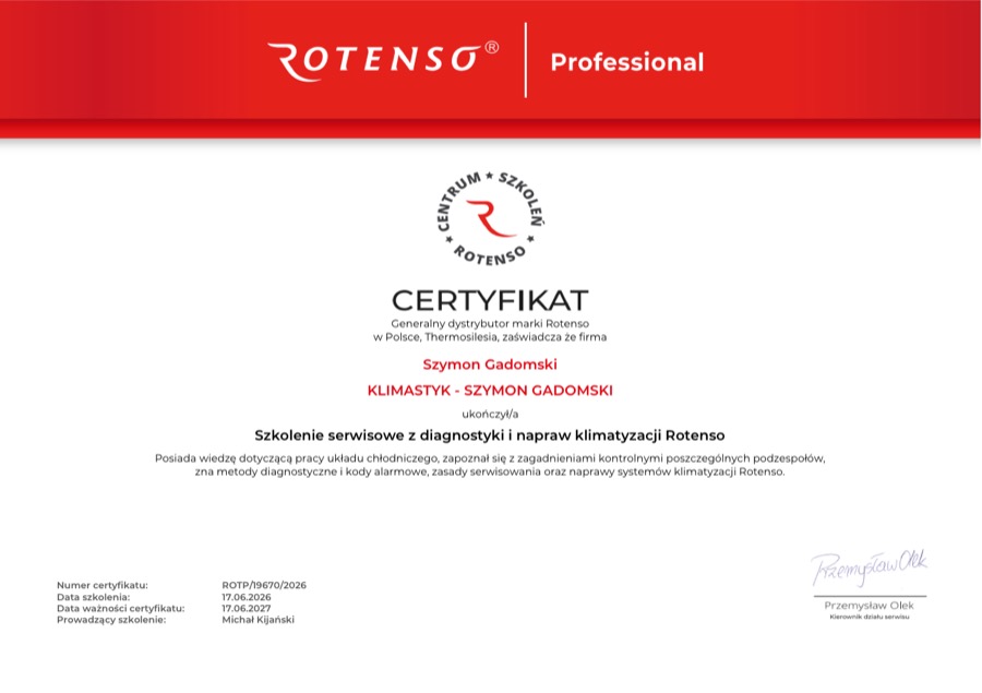 Certyfikat Rotenso Professional z diagnostyki i napraw klimatyzacji dla Szymona Gadomskiego